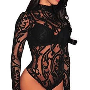 JomeDesign Women Black sheer Long Sleeve Bodysuits